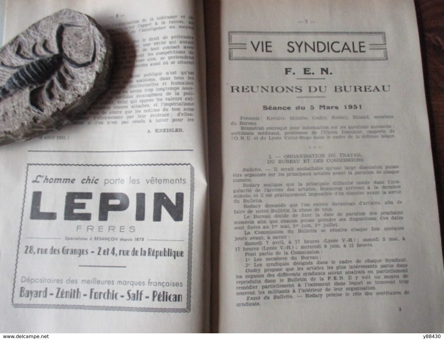 BULLETIN de la Fédération de l'Education Nationale du DOUBS à BESANCON - année 1951 . n°4 - 64 pages -17 scan