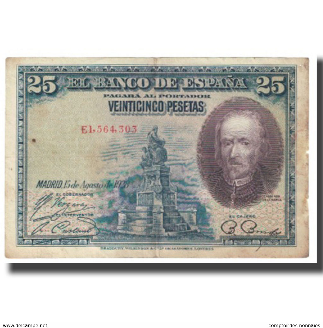 Billet, Espagne, 25 Pesetas, 1928, 1928-08-15, KM:74b, B - 1-2-5-25 Pesetas