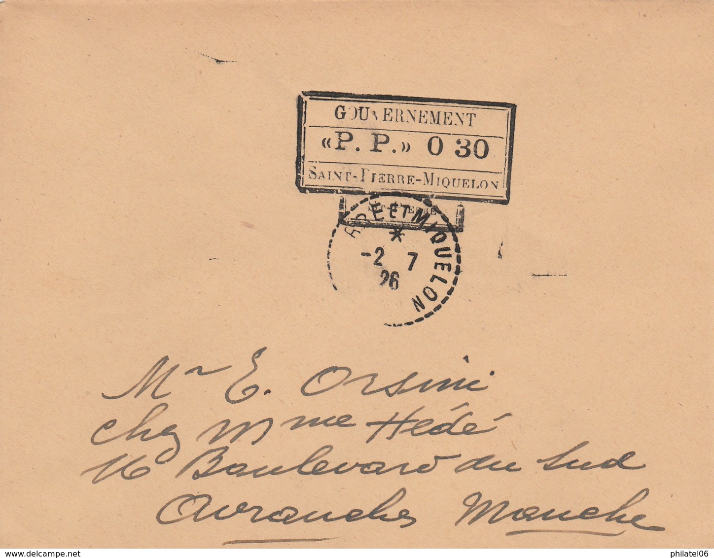 SAINT-PIERRE ET MIQUELON  LETTRE SANS TIMBRE (PENURIE)  1926 - Brieven En Documenten