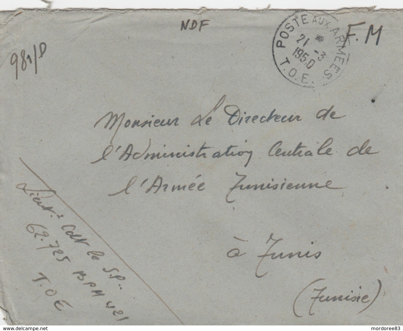 LETTRE FM POSTE AUX ARMEES - T.O.E - BPM421 - 21/3/50 - SP 62725 POUR DIRECTEUR L ACAT TUNIS - War Of Indo-China / Vietnam