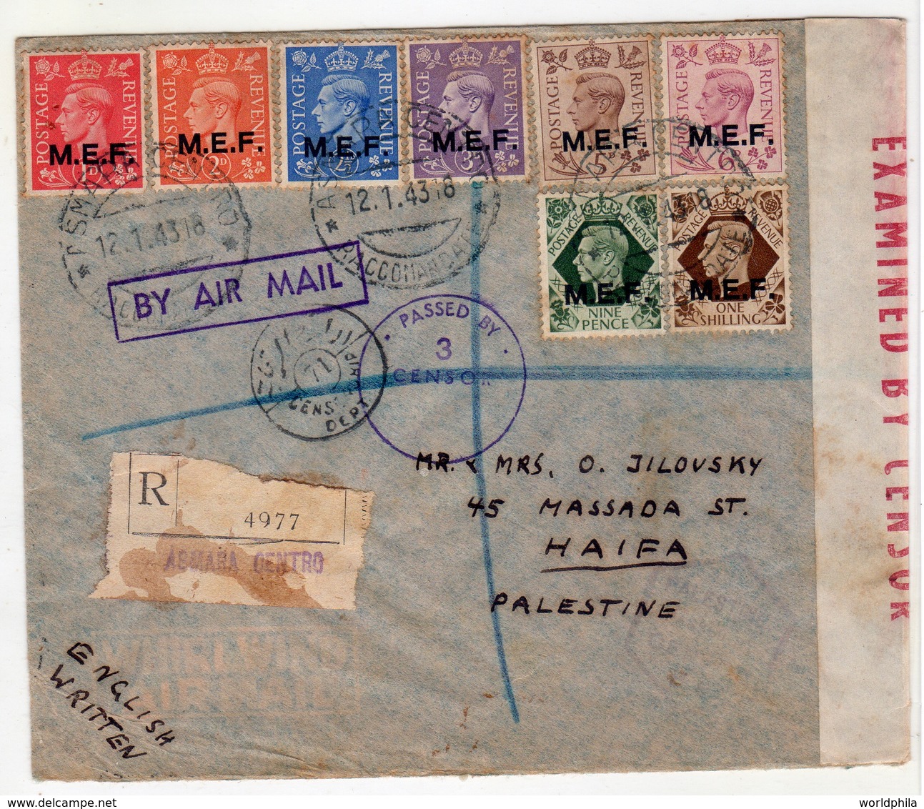 Eritrea-Palestine, 1943 WWII M.E.F / MEF Double Censored, 8 Stamps, High Value Registered Cover II - Eritrea