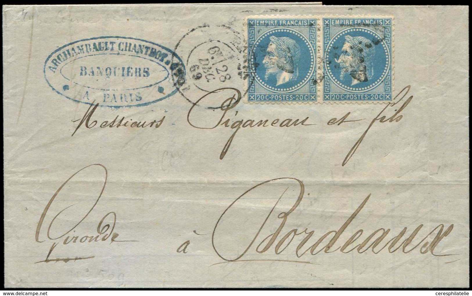 Let EMPIRE LAURE - 29Bb 20c. Bleu, T II, "A LA CORNE" Tenant à Normal, Obl. Etoile S. LAC, Càd Paris 28/12/69, TB - 1863-1870 Napoleon III With Laurels