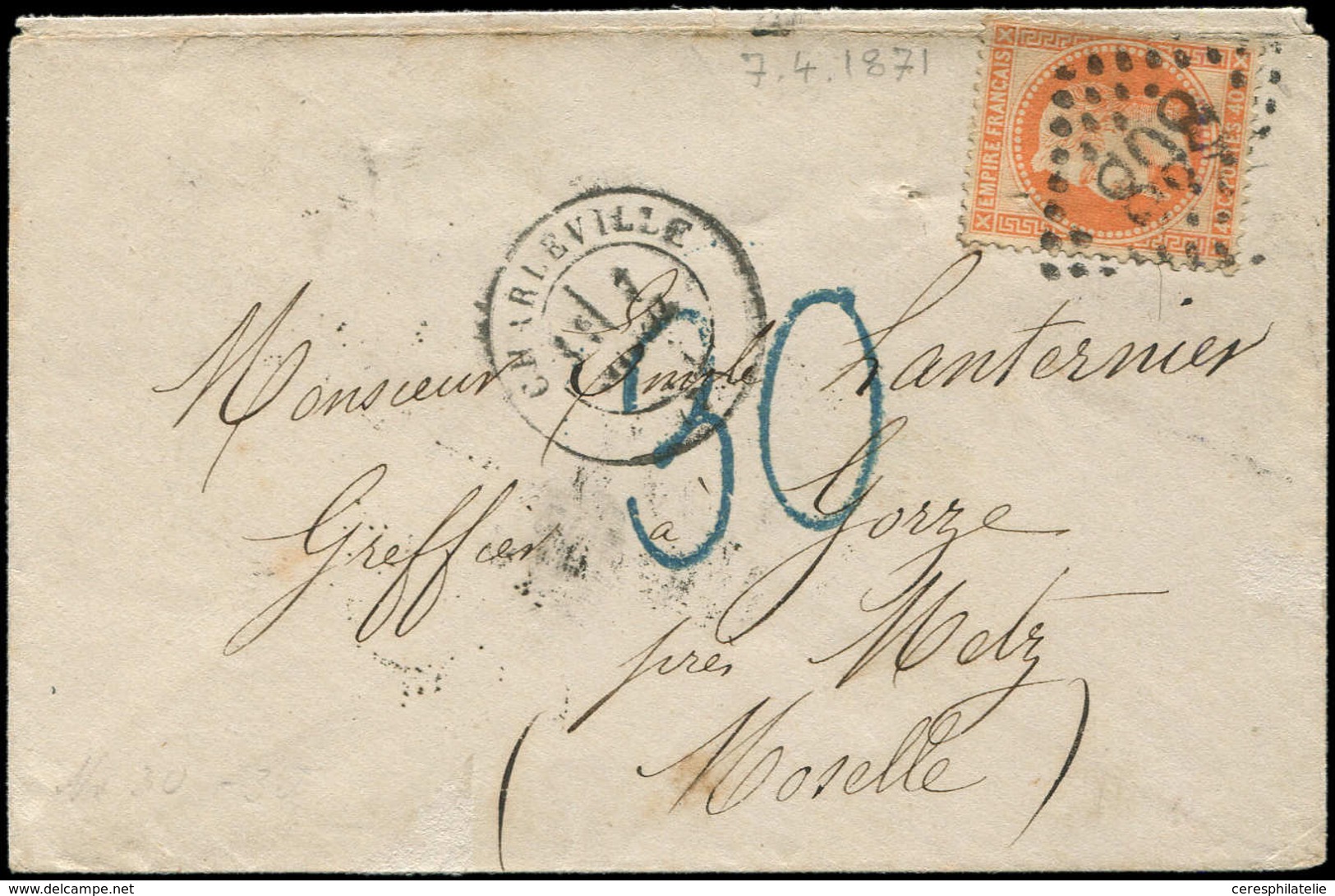 Let EMPIRE LAURE - 31   40c. Orange, Obl. GC 898 S. Env., Càd T17 CHARLEVILLE 1/4/71, Taxe Allemande 30 En Bleu Pour MET - 1863-1870 Napoleon III With Laurels