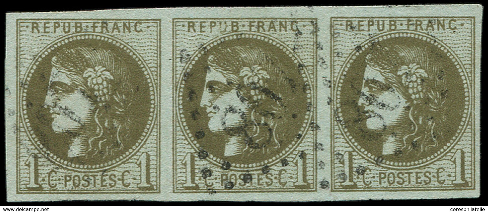 EMISSION DE BORDEAUX - 39Cb  1c. Olive Foncé, R III, BANDE De 3 Obl. GC, TTB - 1870 Emission De Bordeaux