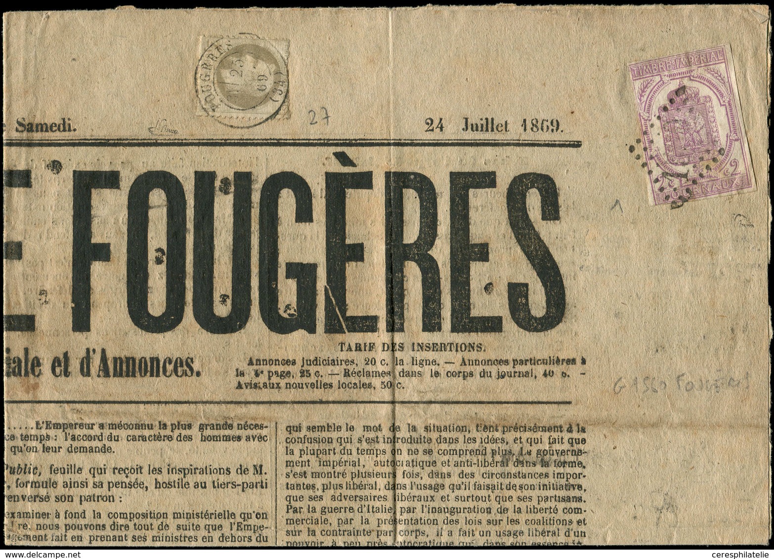 Let JOURNAUX -  1 : 2c. Lilas Obl. GC 15(60) Sur Partie De Journal "CHRONIQUE DE FOUGERES" Du 24/7/69 Avec Poste N°27A 4 - Journaux