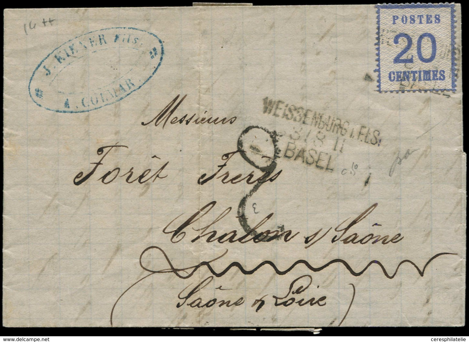 Let ALSACE-LORRAINE - 6   20c. Bleu, Obl. Griffe WEISSENBURG.I.ELS/3/8/BASEL S. LAC De COLMAR, Taxe 2 Au Tampon, TB - Other & Unclassified