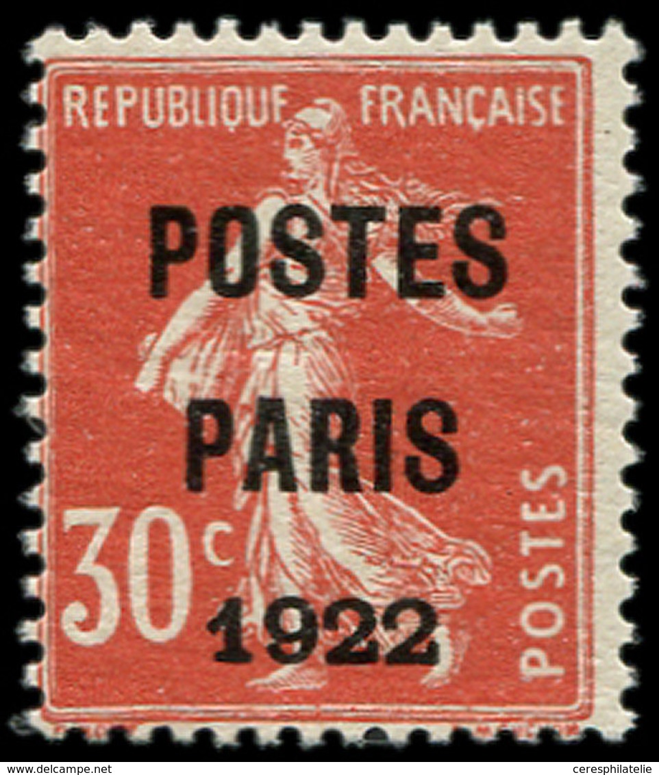 ** PREOBLITERES - 32  30c. Rouge, POSTES PARIS 1922, TB. C Et S - 1893-1947