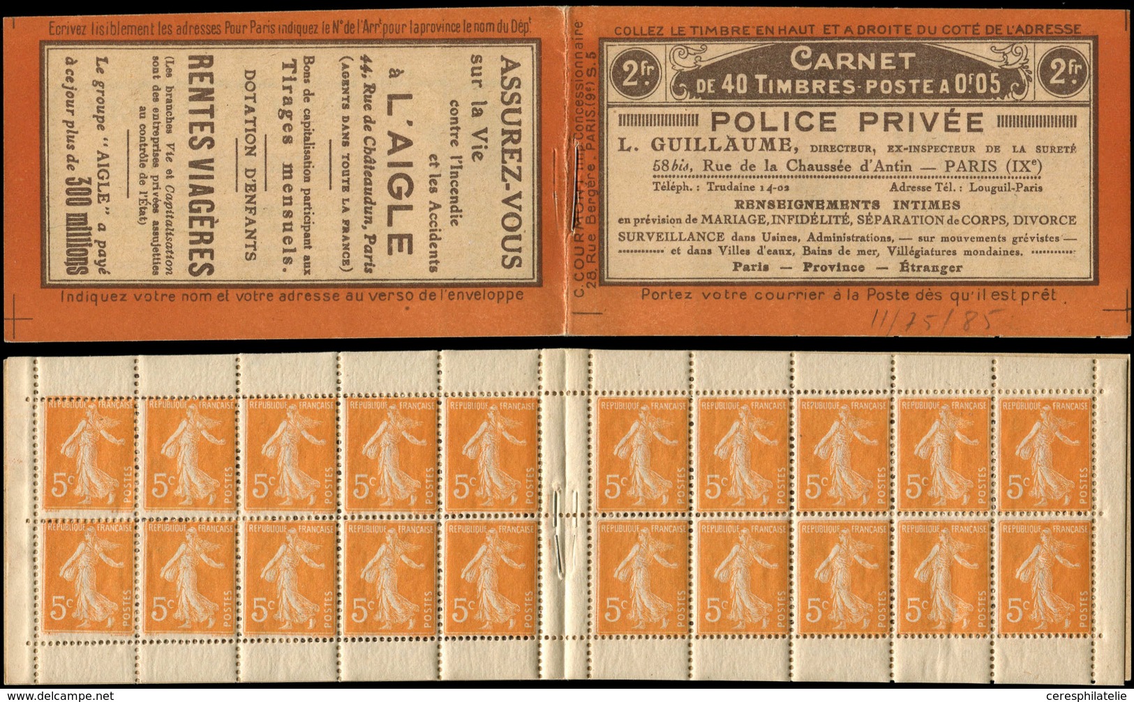 CARNETS (N°Cérès Jusqu'en1964) - 17   Semeuse Camée,  5c. Orange, N°158A, T IIA, S. 5, POLICE PRIVEE, TB - Altri & Non Classificati