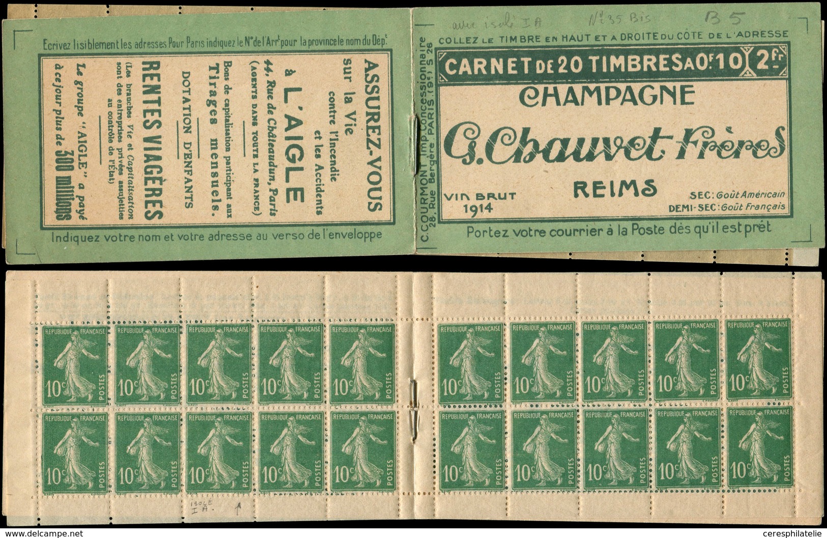 CARNETS (N°Cérès Jusqu'en1964) - 24a  Semeuse Camée, 10c. Vert, N°159B, T IC, S. 26, CHAUVET-L'AIGLE, Isolé T IA En Case - Altri & Non Classificati