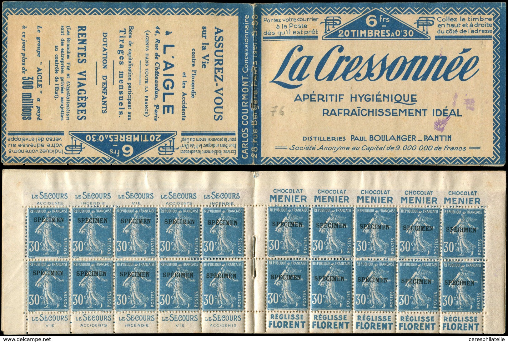 CARNETS (N°Cérès Jusqu'en1964) - 56a  Semeuse Camée, 30c. Bleu, N°192A, T IIB, S. 98-A, Surch. SPECIMEN, LA CRESSONNEE-L - Altri & Non Classificati