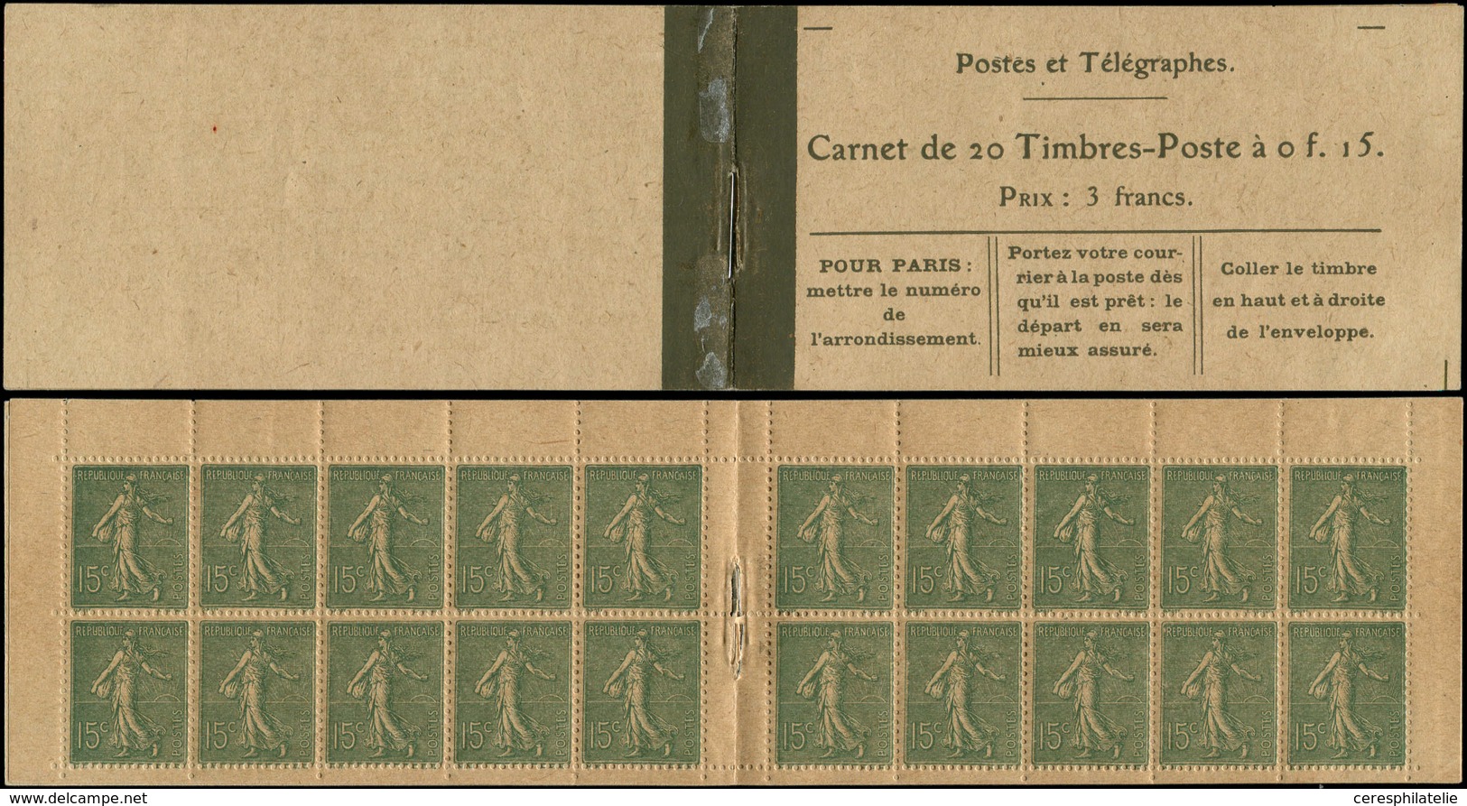 CARNETS (N°Cérès Jusqu'en1964) - 67   Semeuse Lignée, 15c. Vert Olive, N°130D, T V, Couv. Postale, Papier GC Chamois, Dé - Altri & Non Classificati