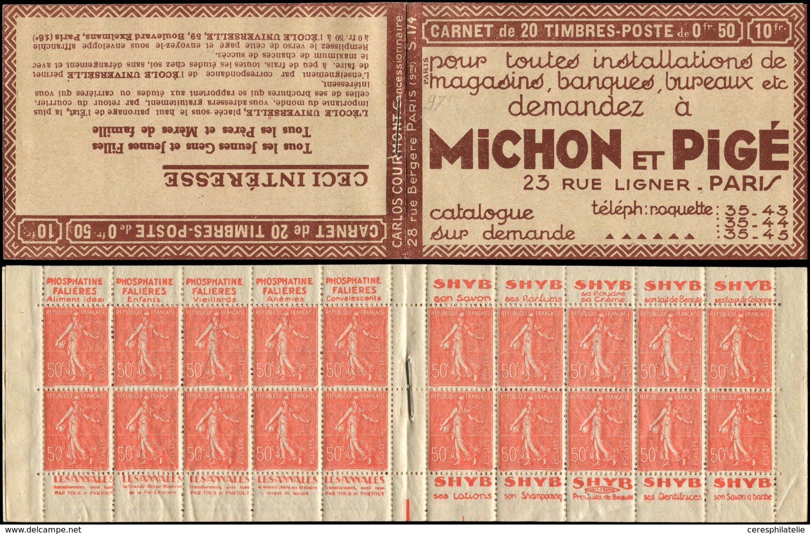 CARNETS (N°Cérès Jusqu'en1964) - 97   Semeuse Lignée, 50c. Rouge, N°199B, T IIB, S. 174-PARIS, MICHON Et PIGE, 2 Plis De - Altri & Non Classificati