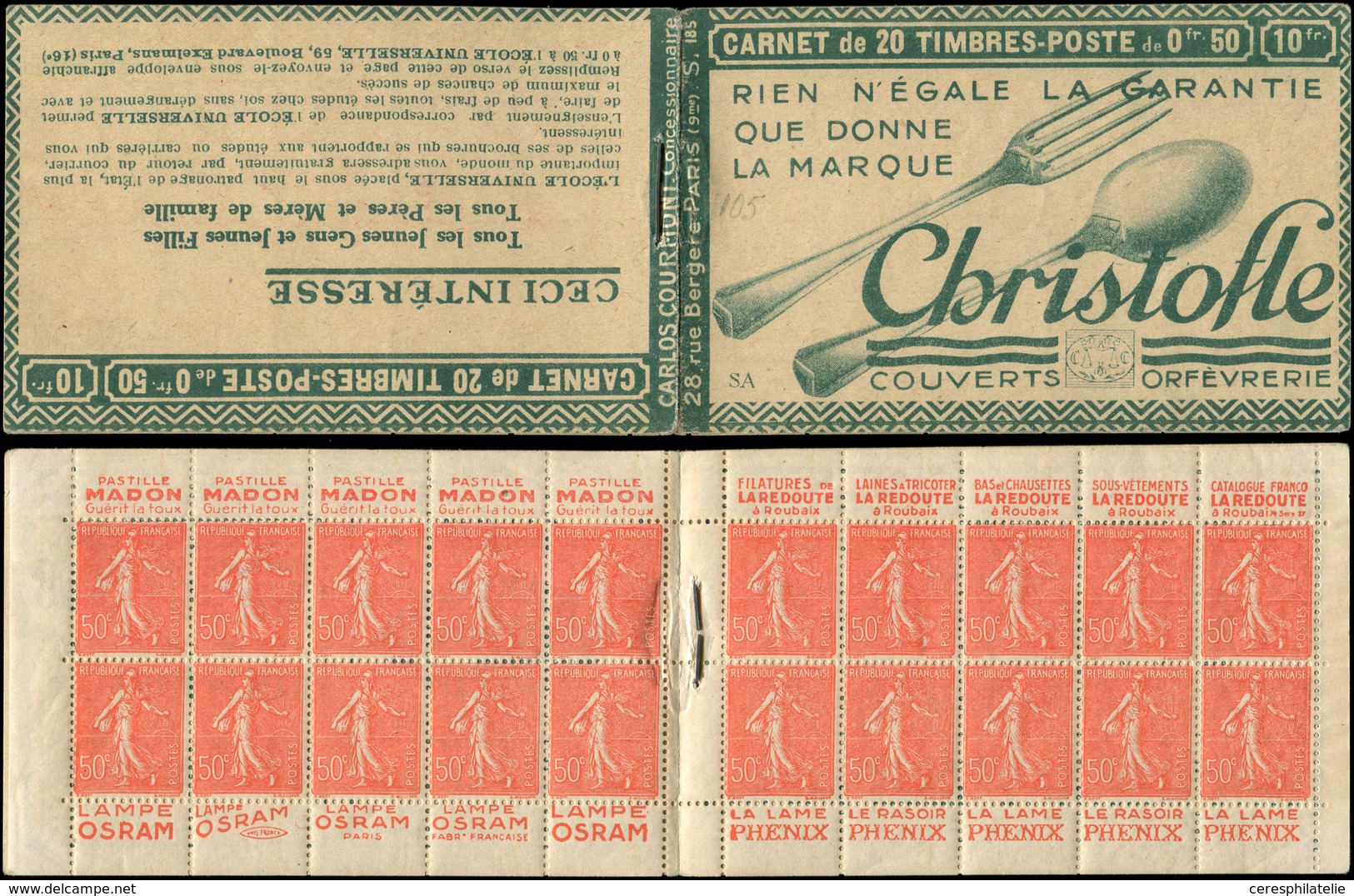 CARNETS (N°Cérès Jusqu'en1964) - 105  Semeuse Lignée, 50c. Rouge, N°199B, T IIB, S. 185-SA, CHRISTOFLE, Un Bord Pub Grai - Altri & Non Classificati