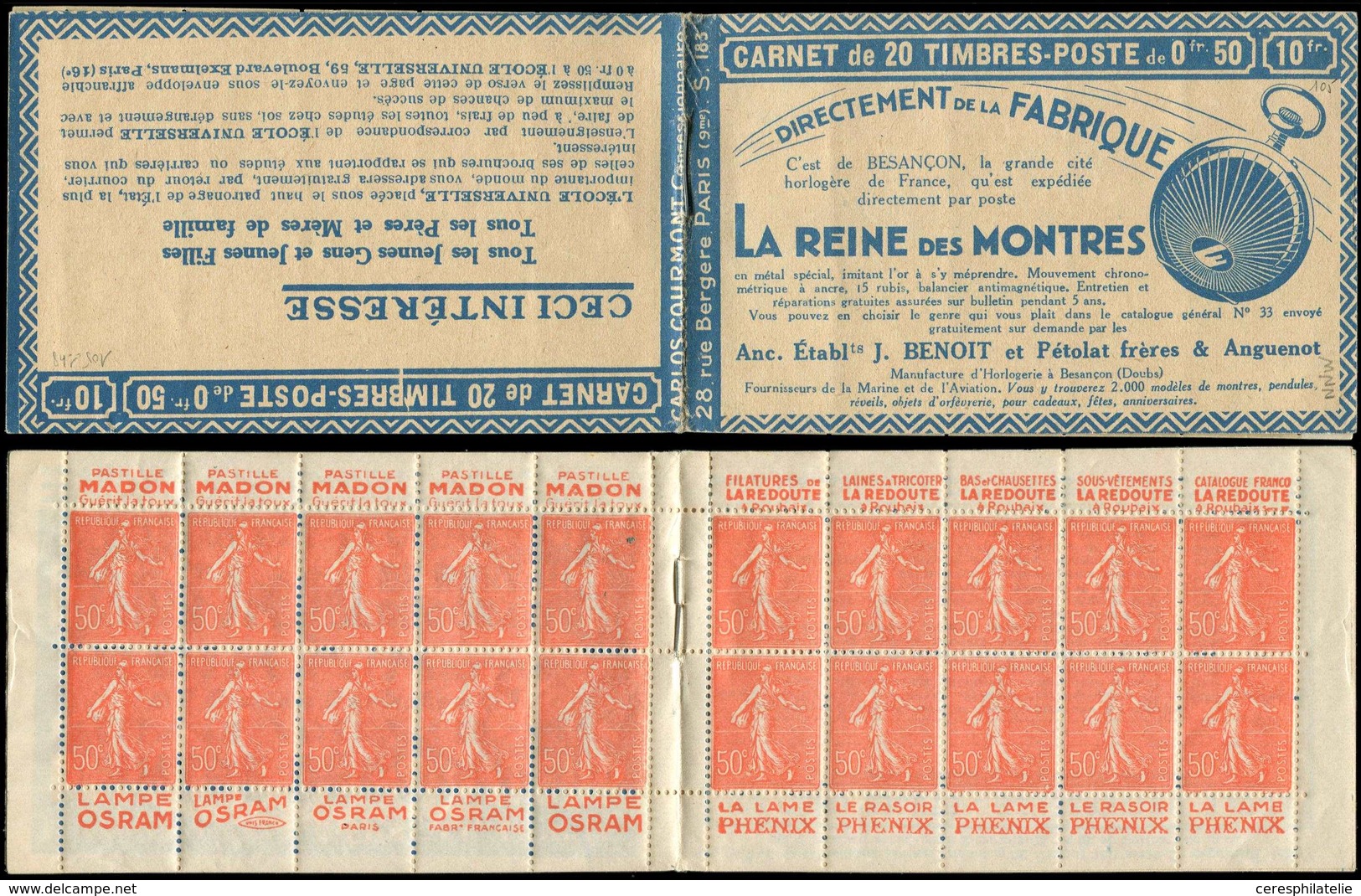 CARNETS (N°Cérès Jusqu'en1964) - 105  Semeuse Lignée, 50c. Rouge, N°199B, T IIB, S. 183 A, LA REINE DES MONTRES, TB - Altri & Non Classificati