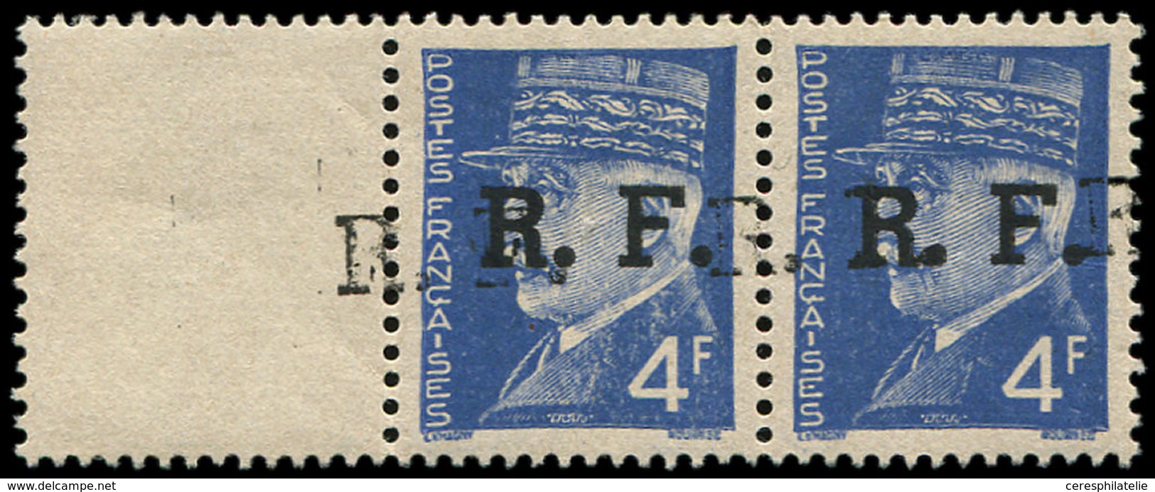 ** TIMBRES DE LIBERATION - LYON 15a : 4f. Bleu, PAIRE DOUBLE Surcharge, TB - Libération