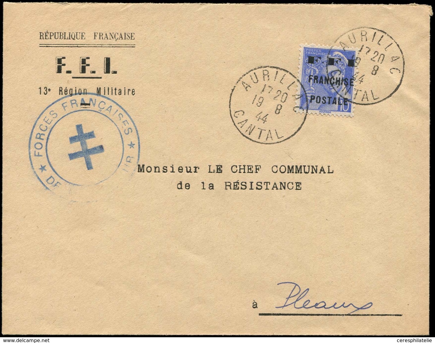 Let TIMBRES DE LIBERATION - MAURIAC 42/51 : 10c. Bleu Obl. Càd AURILLAC 19/8/44 S. Env., TB - Libération