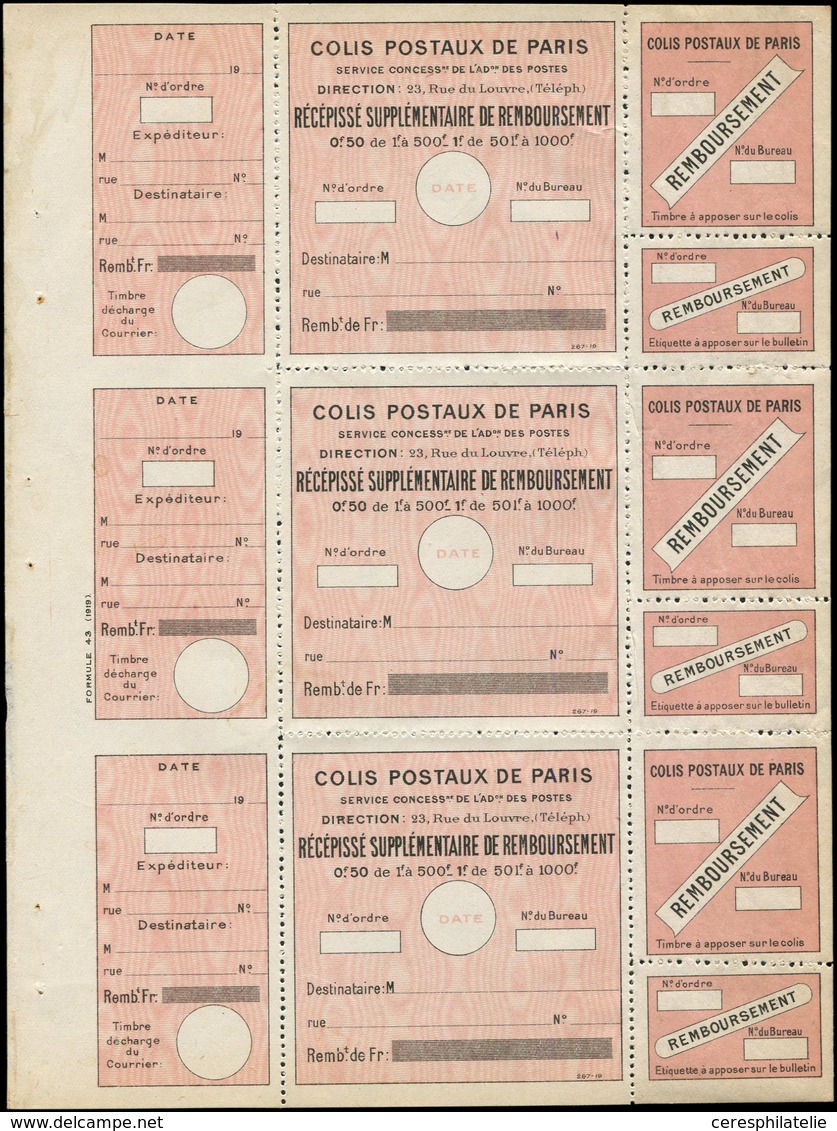 ** COLIS POSTAUX DE PARIS  (N° Et Cote Maury) - Colis Postaux De Paris 52 : Récépissé Supplémentaire Noir Et Rose, Feuil - Altri & Non Classificati