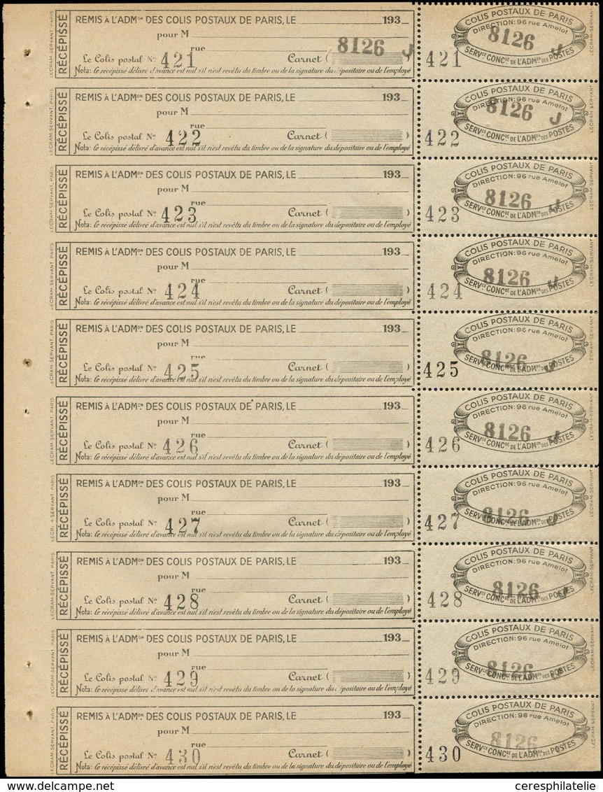 ** COLIS POSTAUX DE PARIS  (N° Et Cote Maury) - Colis Postaux De Paris 169 : Noir Sur Blanc, Feuillet De 10, TB - Altri & Non Classificati