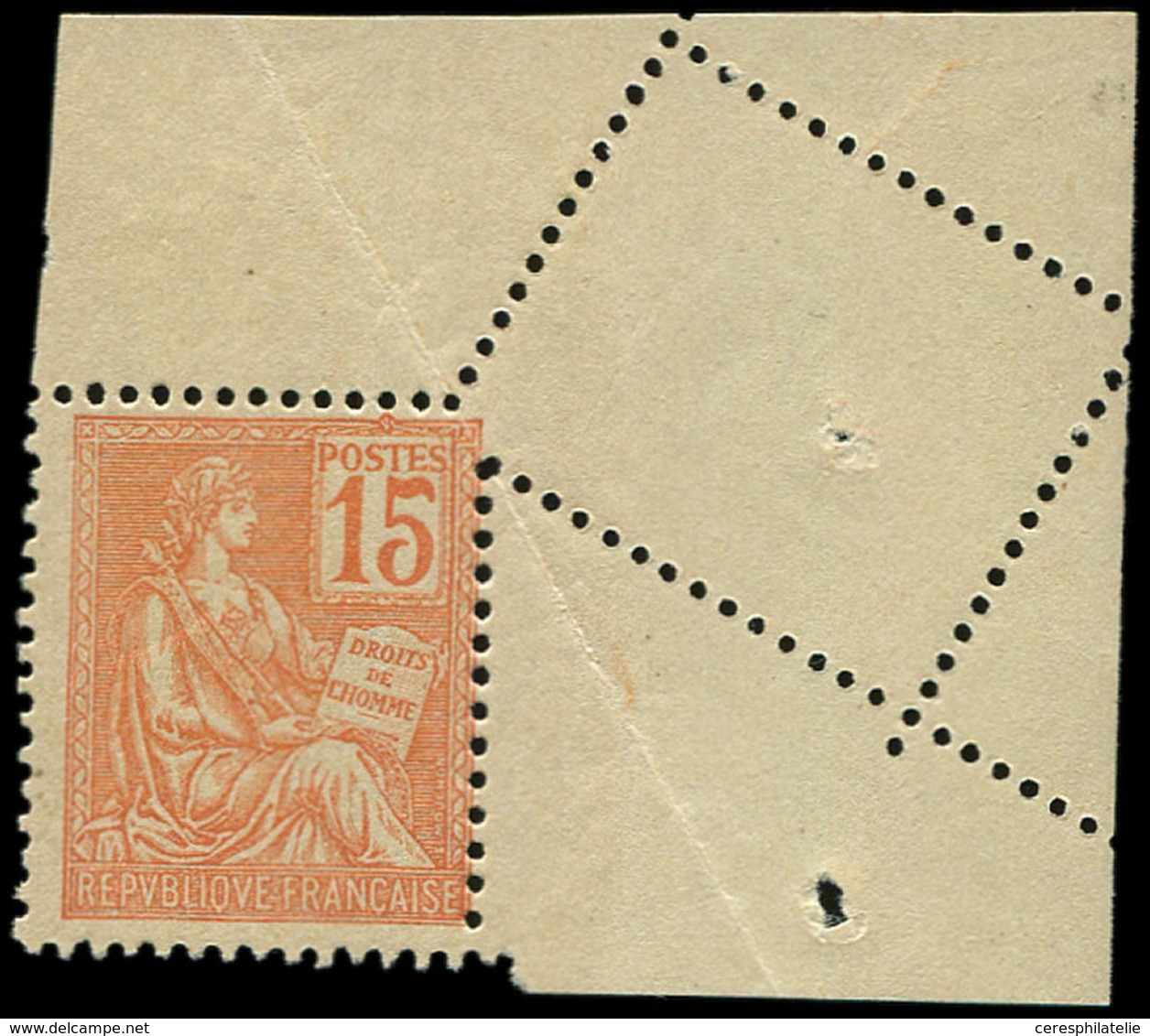 ** VARIETES - 117   Mouchon, 15c. Orange, Cdf, Piquage OBLIQUE, TB - Neufs