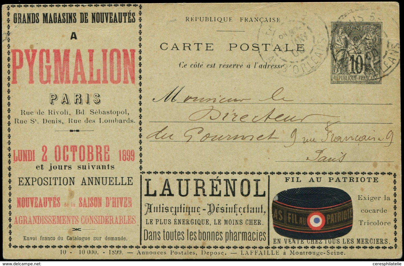 Let ENTIERS POSTAUX - Sage, 10c. Noir, CP TSC N°G35g1, Lafaille, S. 10, Obl. PARIS 15/1/00, TB - Altri & Non Classificati