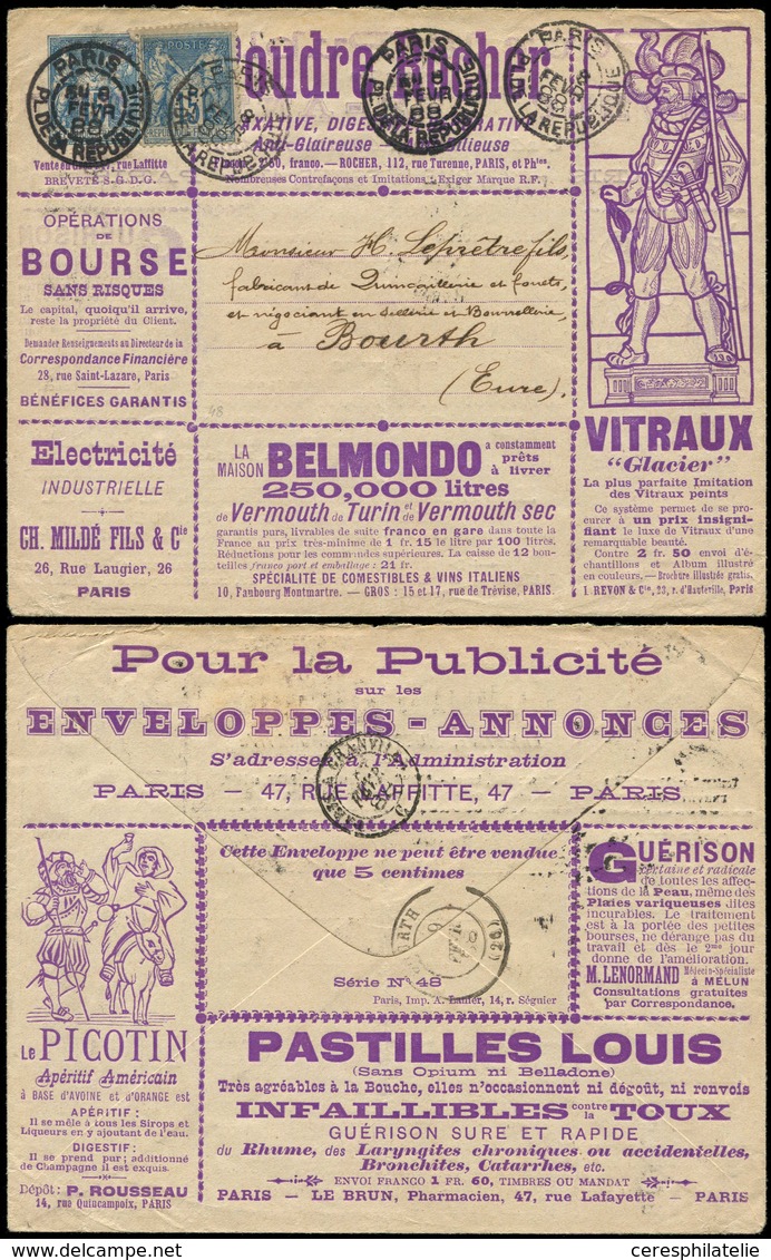 Let ENTIERS POSTAUX - Sage, 15c. Bleu, Env. Annonces TSC N°J78j, S. 48, Affr. N°90, Obl. PARIS 8/2/88, Arr. BOURTH Le 9/ - Sonstige & Ohne Zuordnung