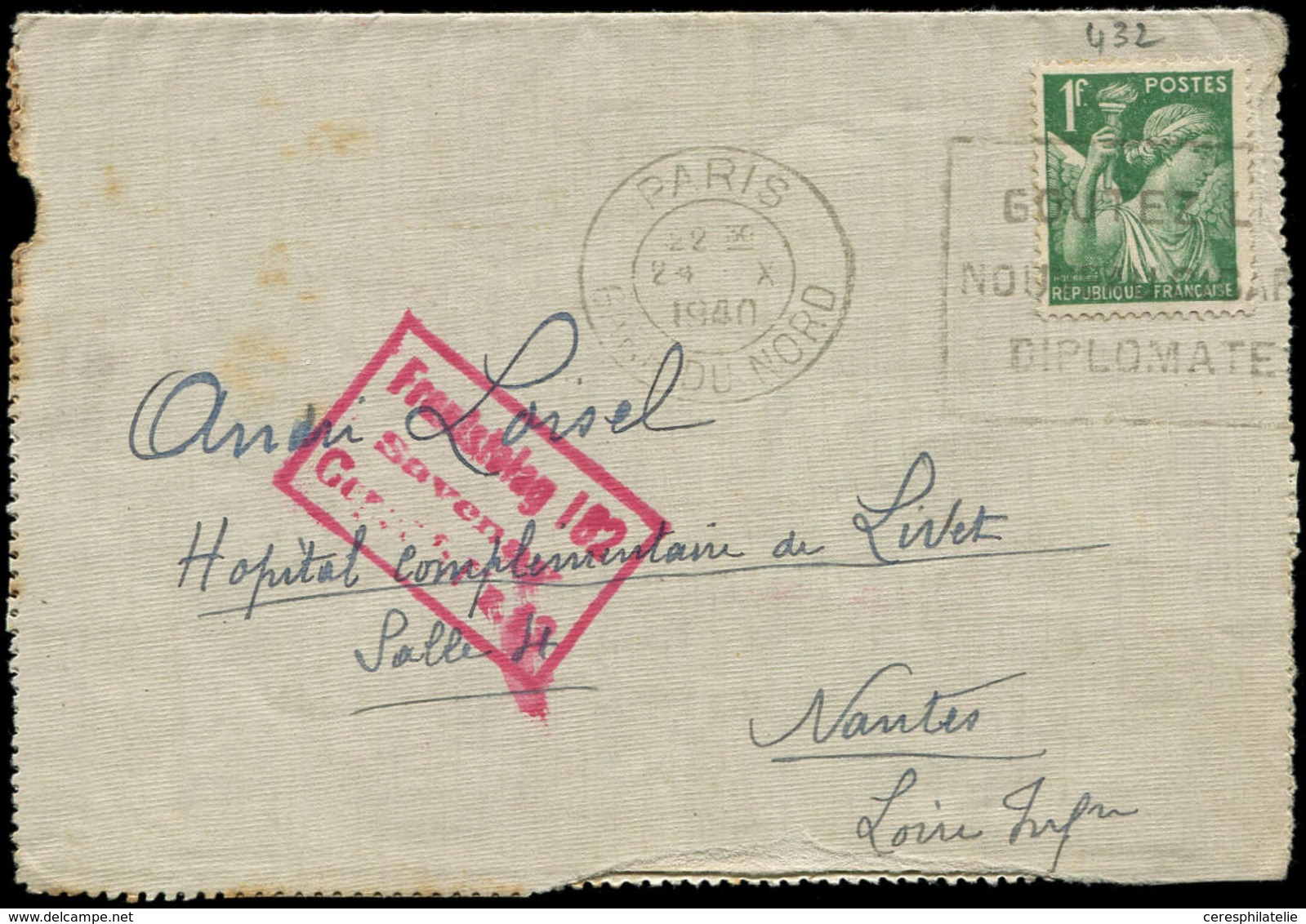 Let Guerre 1939/1945 - N°432 Obl. Méc. PARIS 24/10/40 Sur Lettre Pour Nantes, Cachet Rouge Frontstalag 182/Savenay/Geprü - Guerre De 1939-45