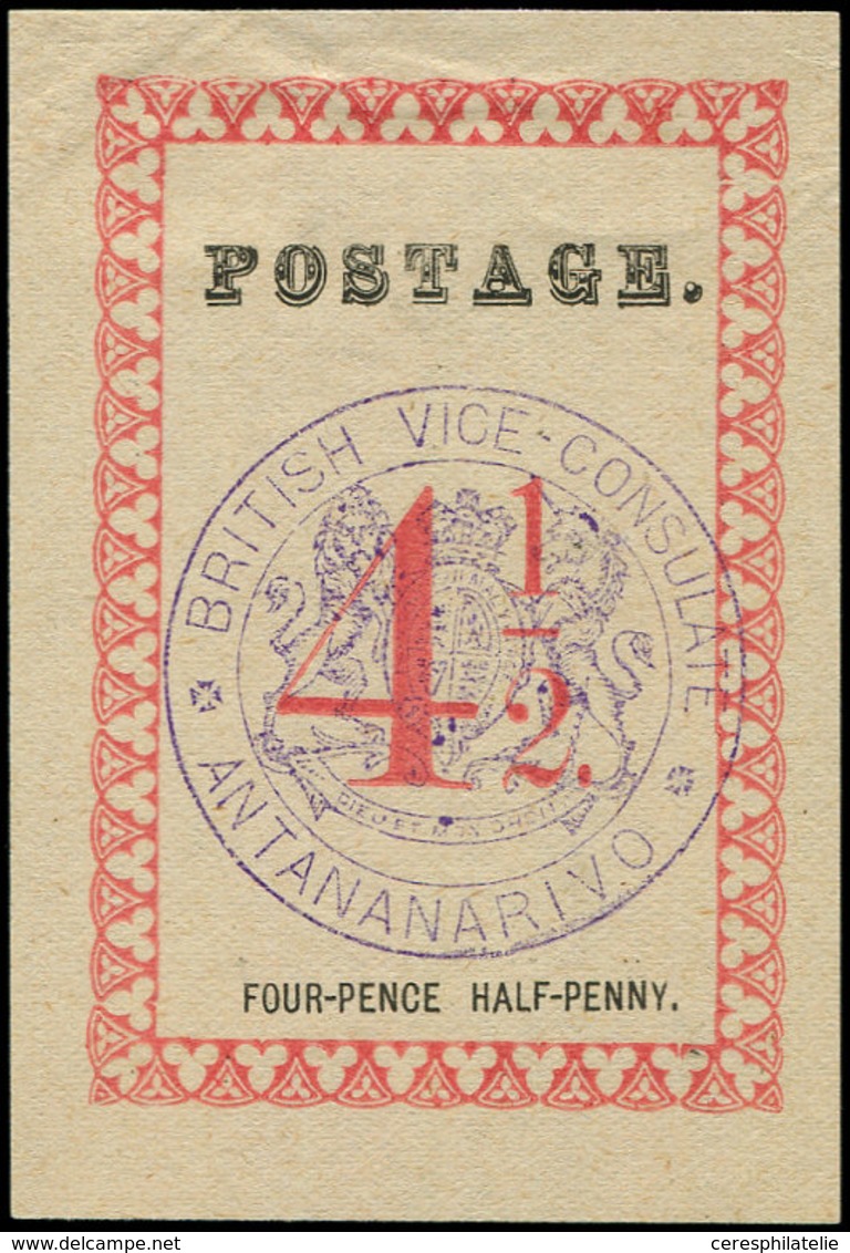 (*) MADAGASCAR Courrier Consulaire Britannique 18a : 4 1/2p. Rose-rouge, Cachet Violet, TTB, Cote Et N° Maury - Autres & Non Classés