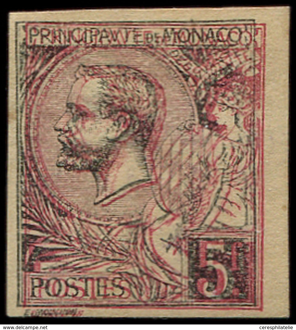 (*) MONACO 21 : 5f. Rose Vif Sur Verdâtre, Albert Ier, DOUBLE Impression Noire Et Carmin, NON DENTELE, TB - ...-1885 Precursori