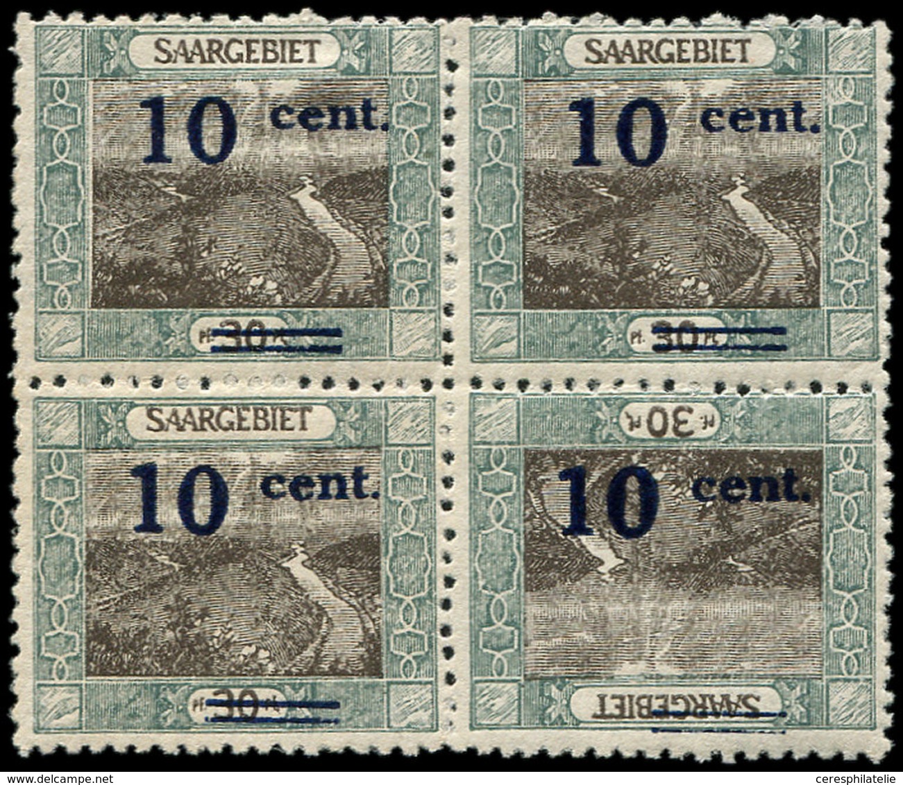 ** SARRE 71h : 10c. Sur 30pf. Vert Et Brun, Timbre TETE BECHE Dans Un BLOC De 4, TB - Unused Stamps