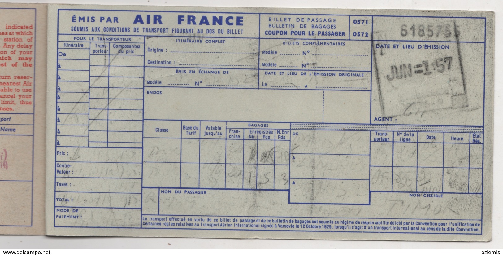 AIR FRANCE AIRLINES PASSENGER TICKET 1957 - Europe