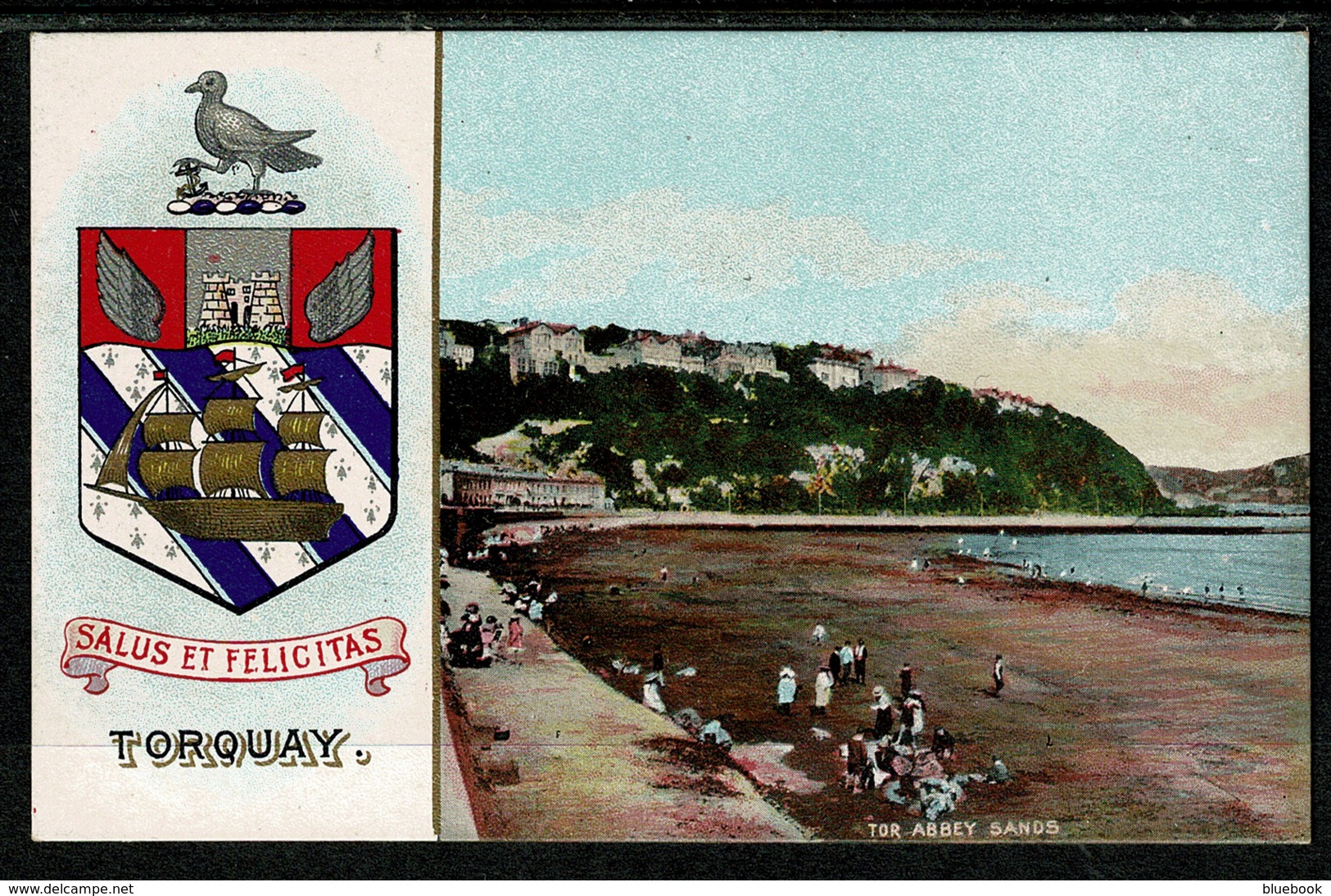 Ref 1303 - Super Early Coat Of Arms Postcard - Torquay Devon - Tor Abbey Sands - Torquay