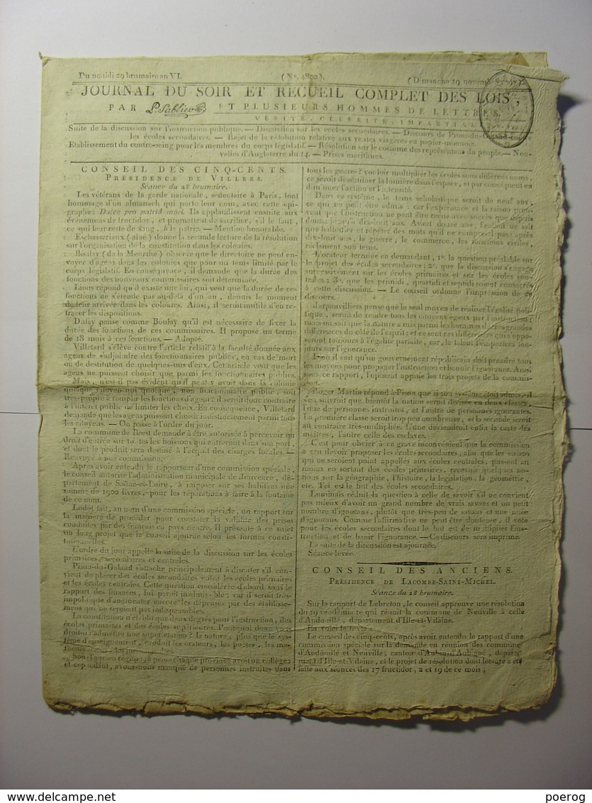 JOURNAL DU SOIR 19 NOVEMBRE 1797 - ECOLES SECONDAIRES - INSTRUCTION - COSTUMES REPRESENTANTS - PRISES MARITIMES MARINE - Décrets & Lois