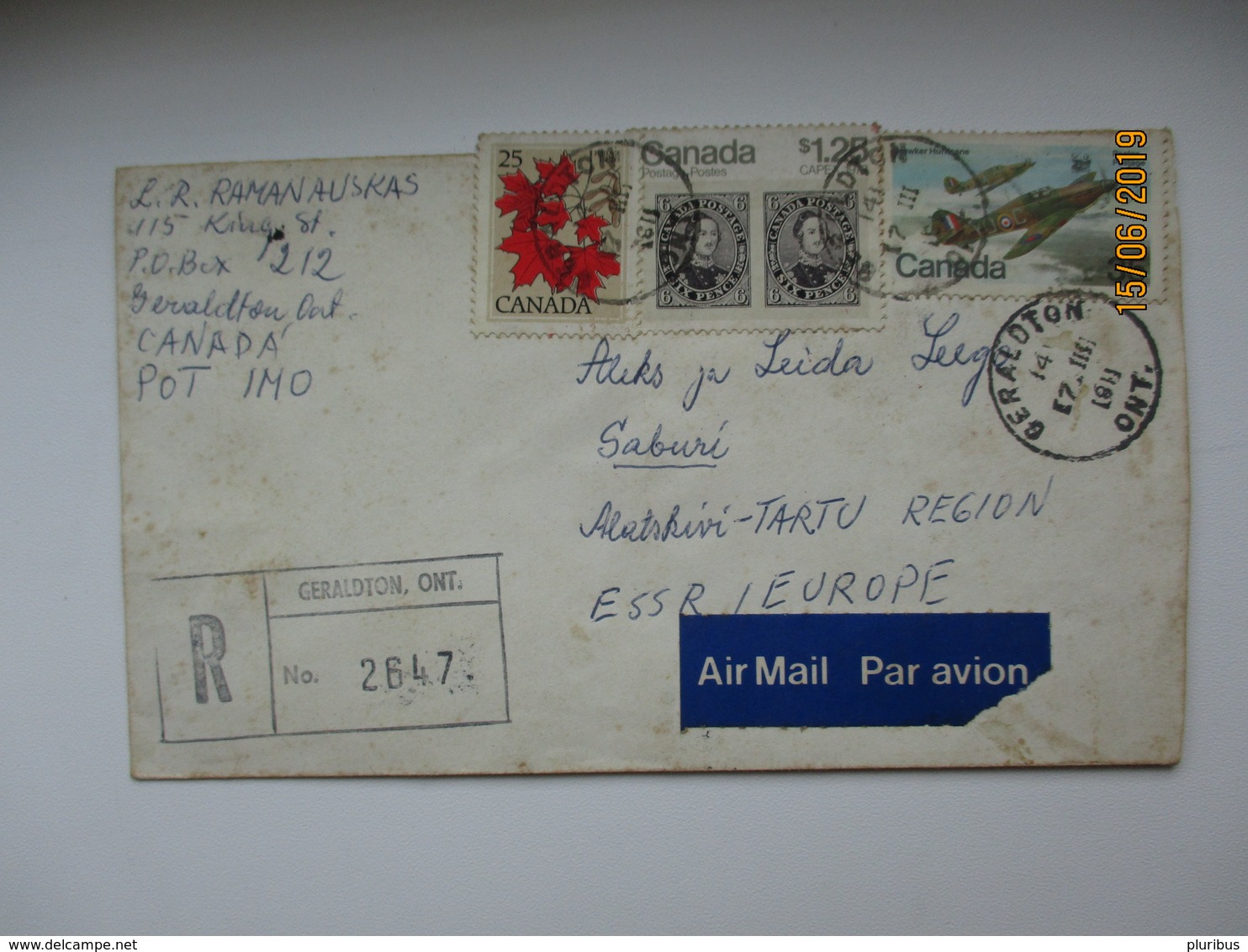 1981 CANADA GERALDTON REGISTERED AIR MAIL COVER TO USSR RUSSIA ESTONIA    , O - Covers & Documents