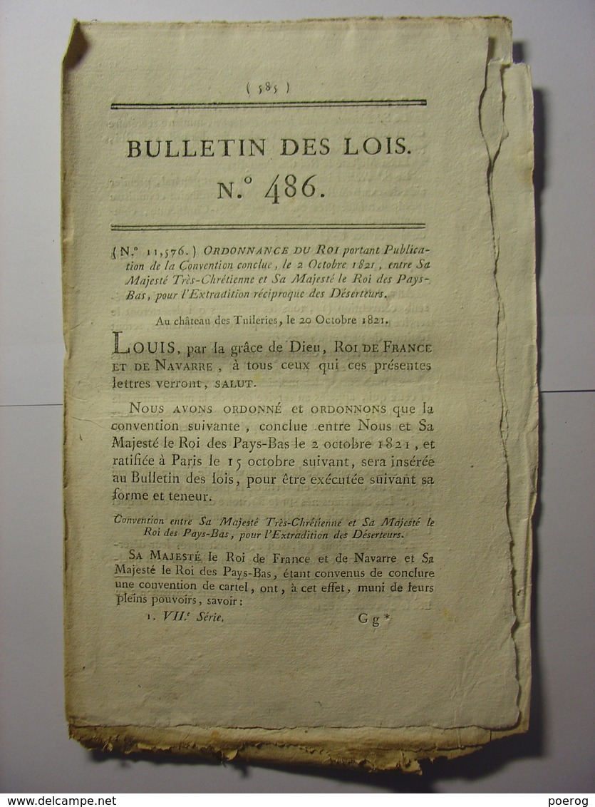 BULLETIN DES LOIS 3 NOVEMBRE 1821 - EXTRADITION RECIPROQUE DESERTEURS PAYS BAS - CAUDEBEC MEULAN HAMEL CHAMAGNE DEMUIN - Décrets & Lois