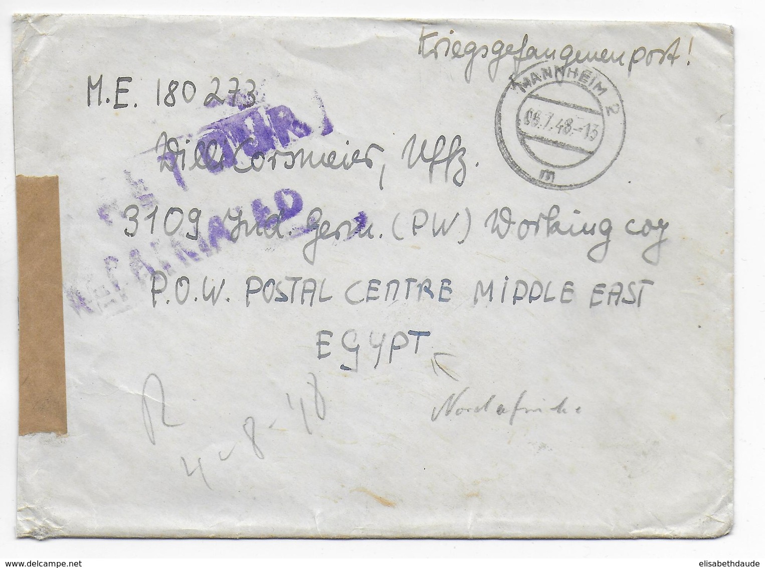 KRIEGSGEFANGENENPOST - 1948 - LETTRE De MANNHEIM => PRISONNIER ALLEMAND En EGYPTE ! - Prisoners Of War Mail