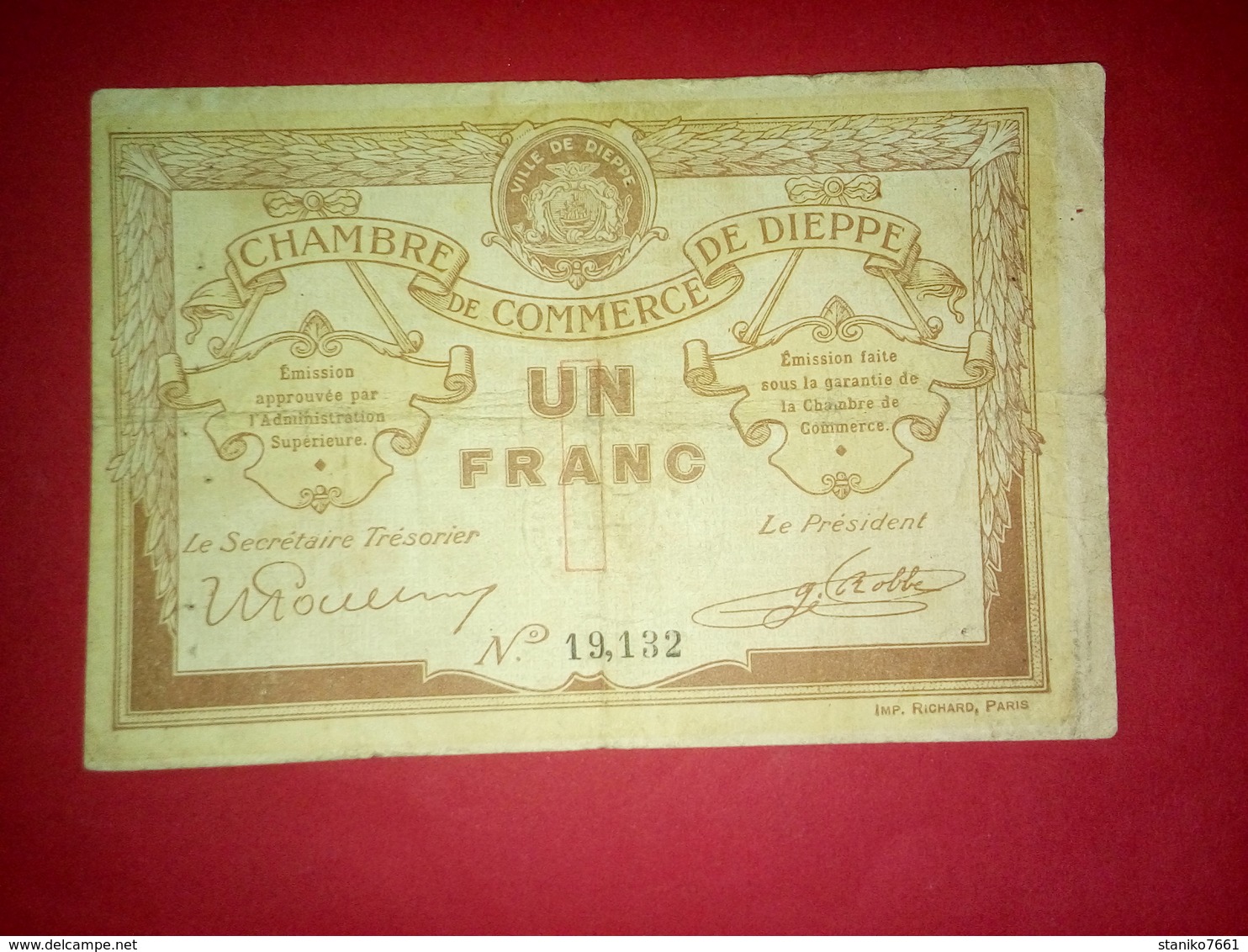 BILLET DE 1 FRANC CHAMBRE DE COMMERCE DE DIEPPE - Chamber Of Commerce