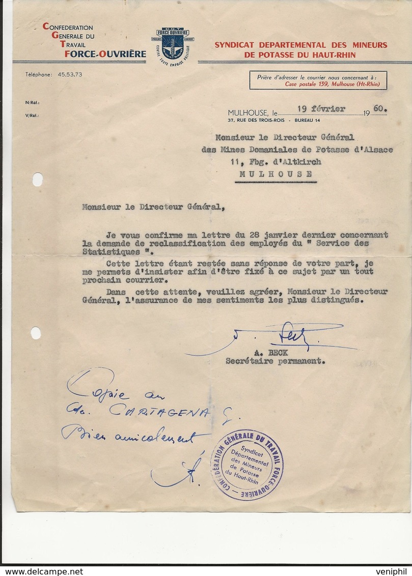 LETTRE SYNDICALE CGTFO DES MINEURS DE POTASSE DU HT RHIN- 1960 - Other & Unclassified