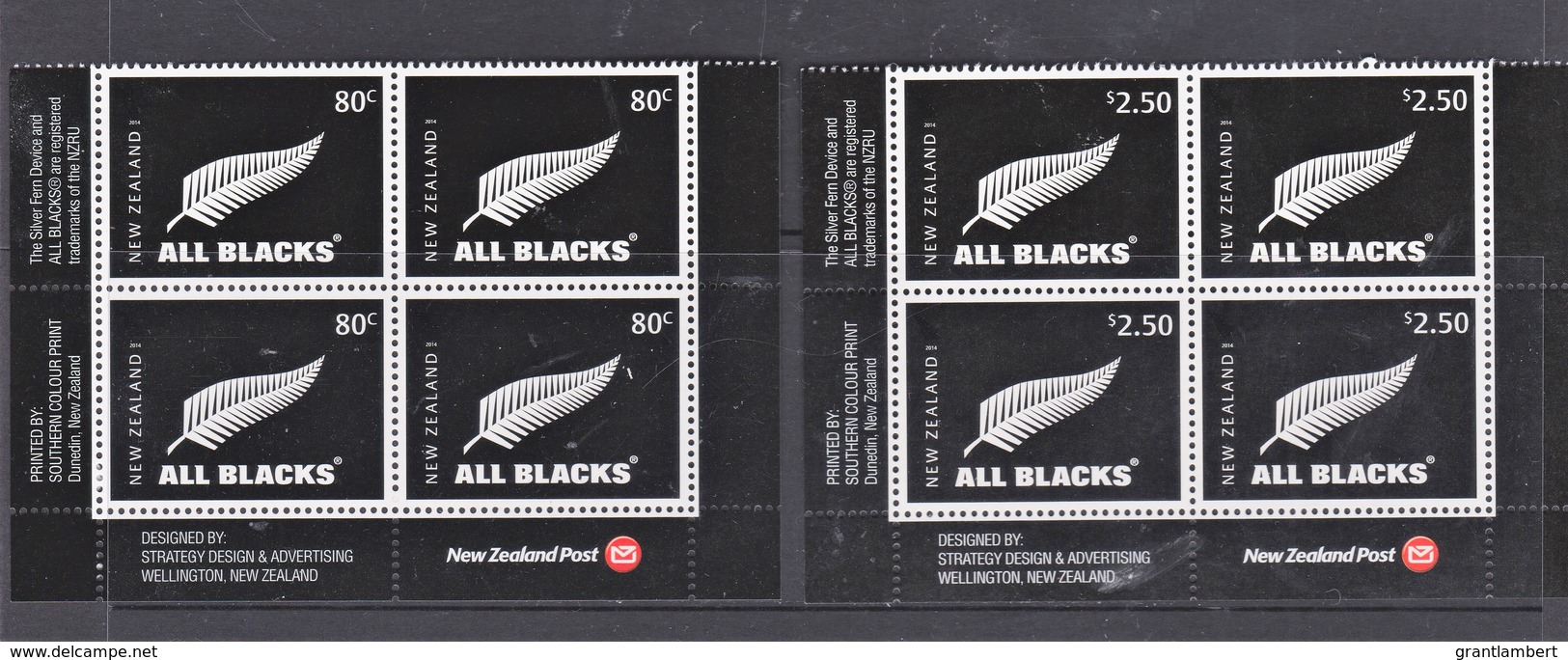 New Zealand 2014 ALL BLACKS Rugby Set Of 2 As Corner Blocks Of 4 MNH - Neufs