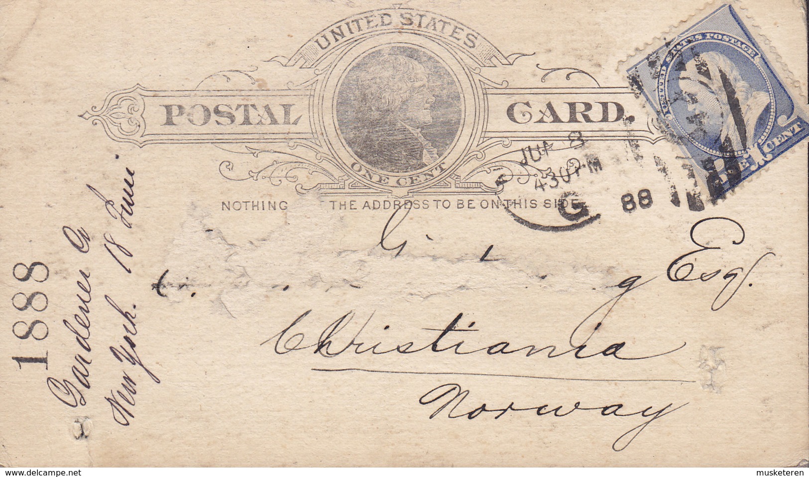 United States Uprated Postal Stationery Ganzsache Entier PRIVATE Print GARDNER COMPANY, NEW YORK 1888 CHRISTIANIA Norway - ...-1900