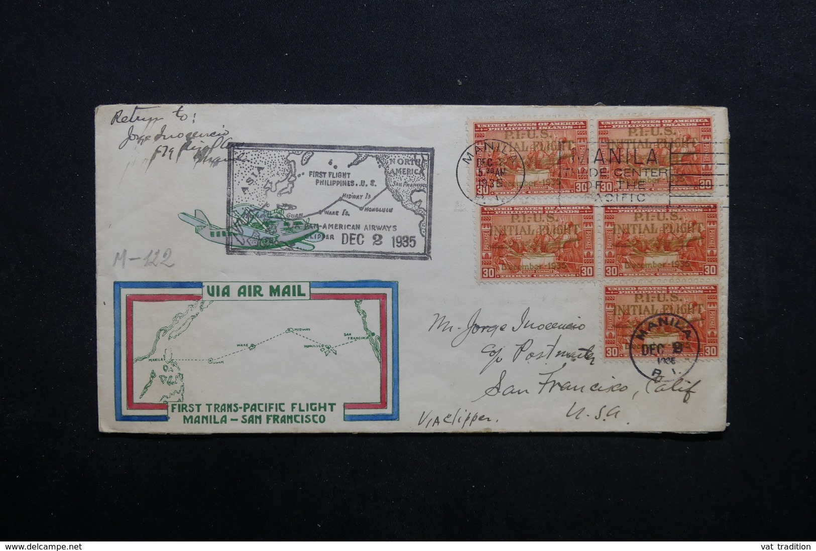 PHILIPPINES - Enveloppe De Manille Par Avion Pour San Francisco En 1935 , Affranchissement Plaisant - L 32858 - Philippines