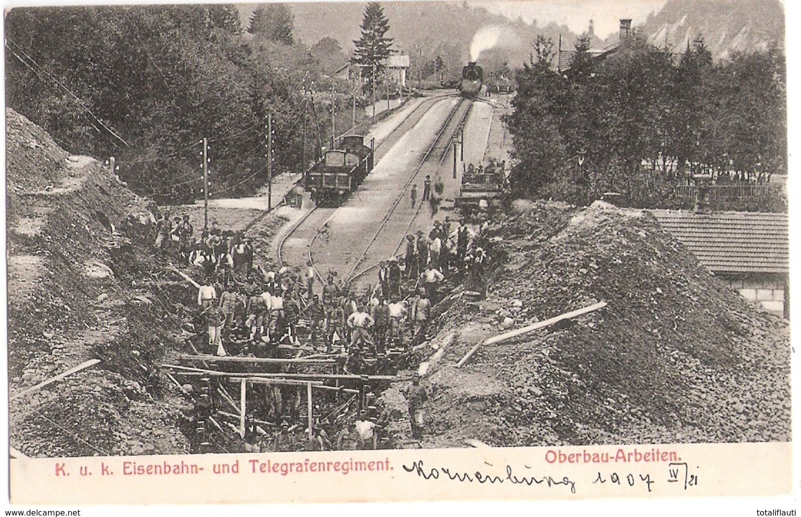 KORNEUBURG K U K Eisenbahn Und Telegrafenregiment Dampf Lokomotive Bauzug Oberbau Arbeiten 21.4.1907 Gelaufen - Korneuburg