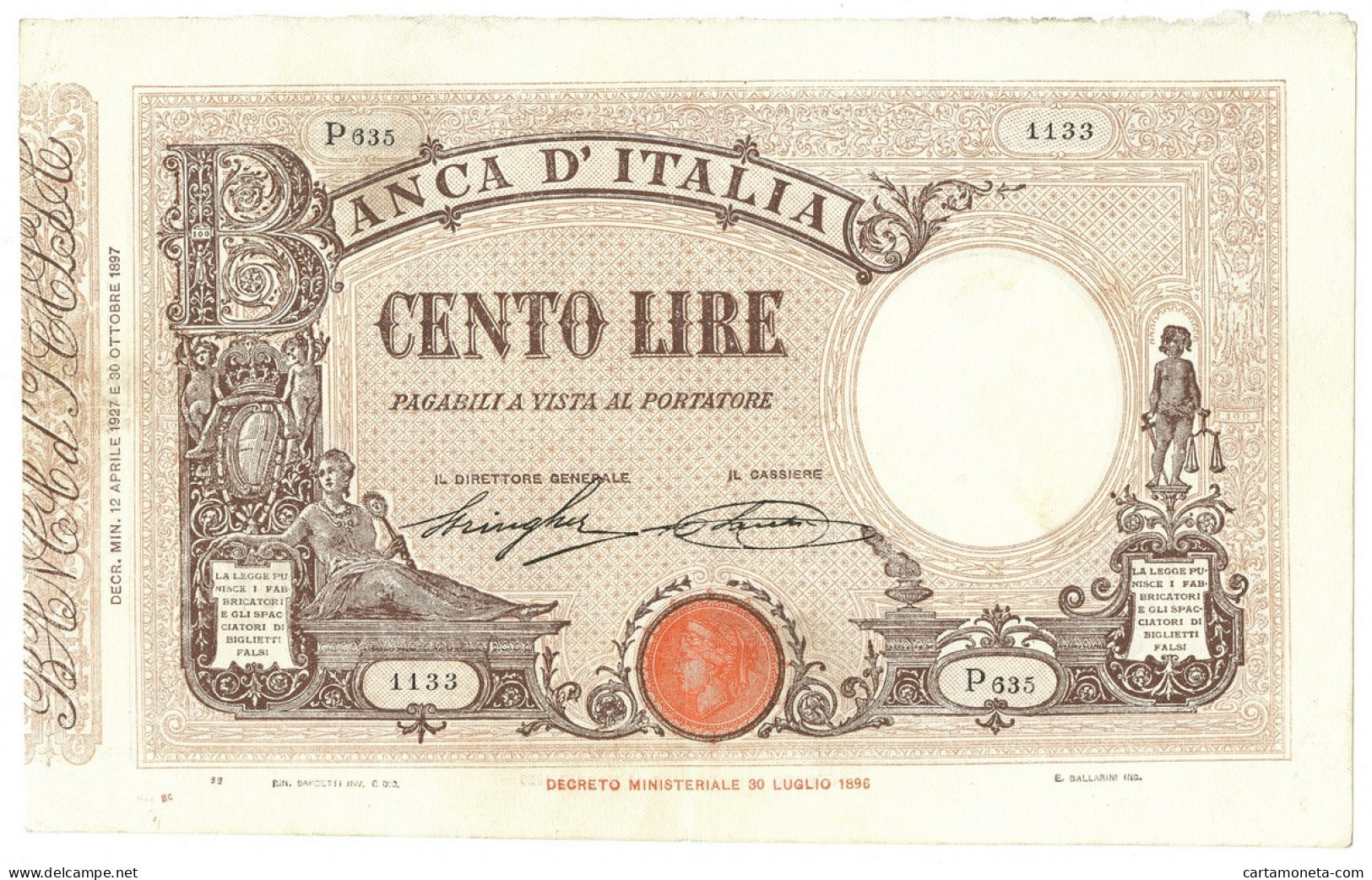 100 LIRE BARBETTI GRANDE B MATRICE LATERALE TESTINA FASCIO 12/04/1927 BB+ - Regno D'Italia – Autres