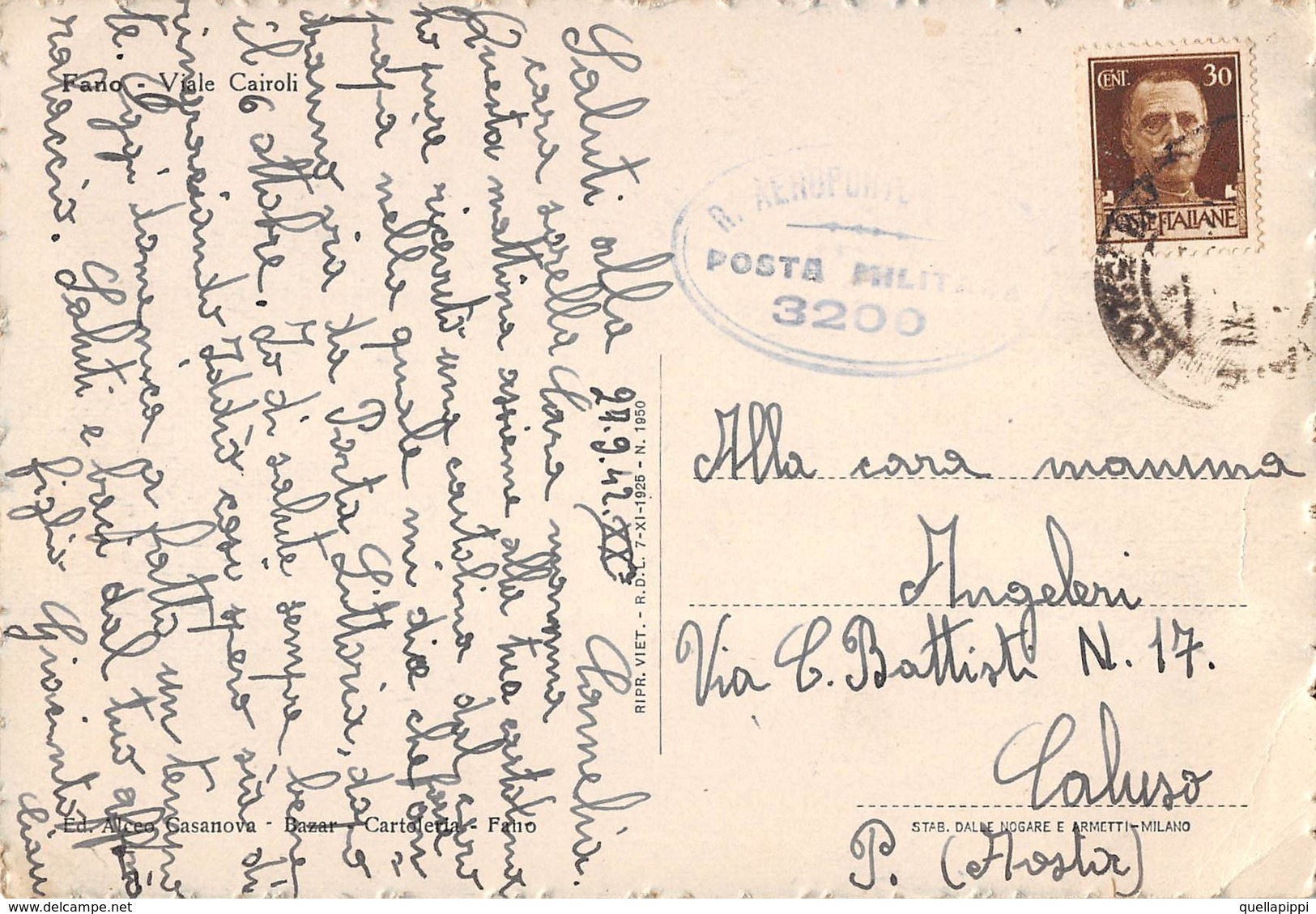 D9334 "FANO" ANIMATA ,TIMBRO POSTALE MILITARI R. AEROPORTO N. 229/POSTA MILITARE 3200. CART SPED 1942 - Fano