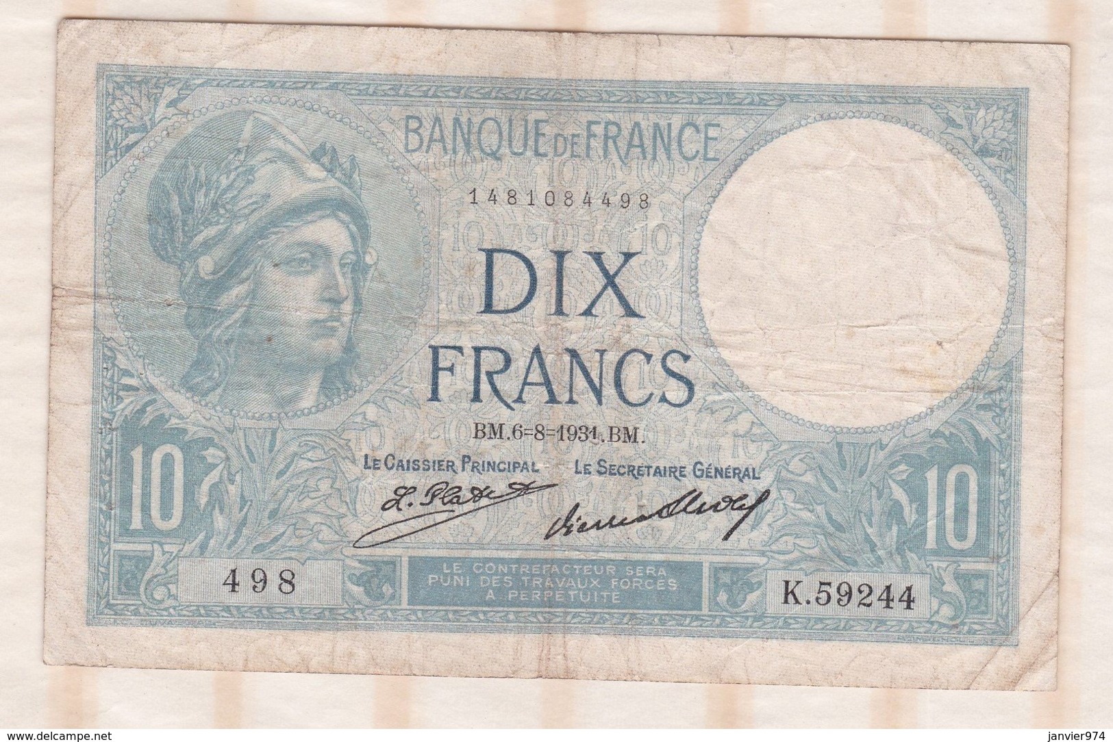 10 Francs Minerve 6 – 8 - 1931. Alphabet K.59244 N° 498 - 10 F 1916-1942 ''Minerve''