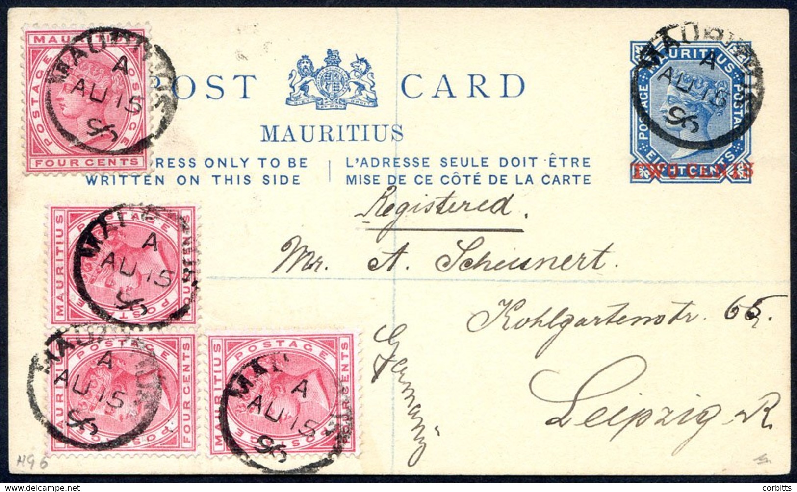 1896 Aug 15th, 2c On 8c Blue Postal Stationery Card (H & G 6) Sent Reg To Leipzig And Uprated With 1885 4c Carmine (4) A - Other & Unclassified