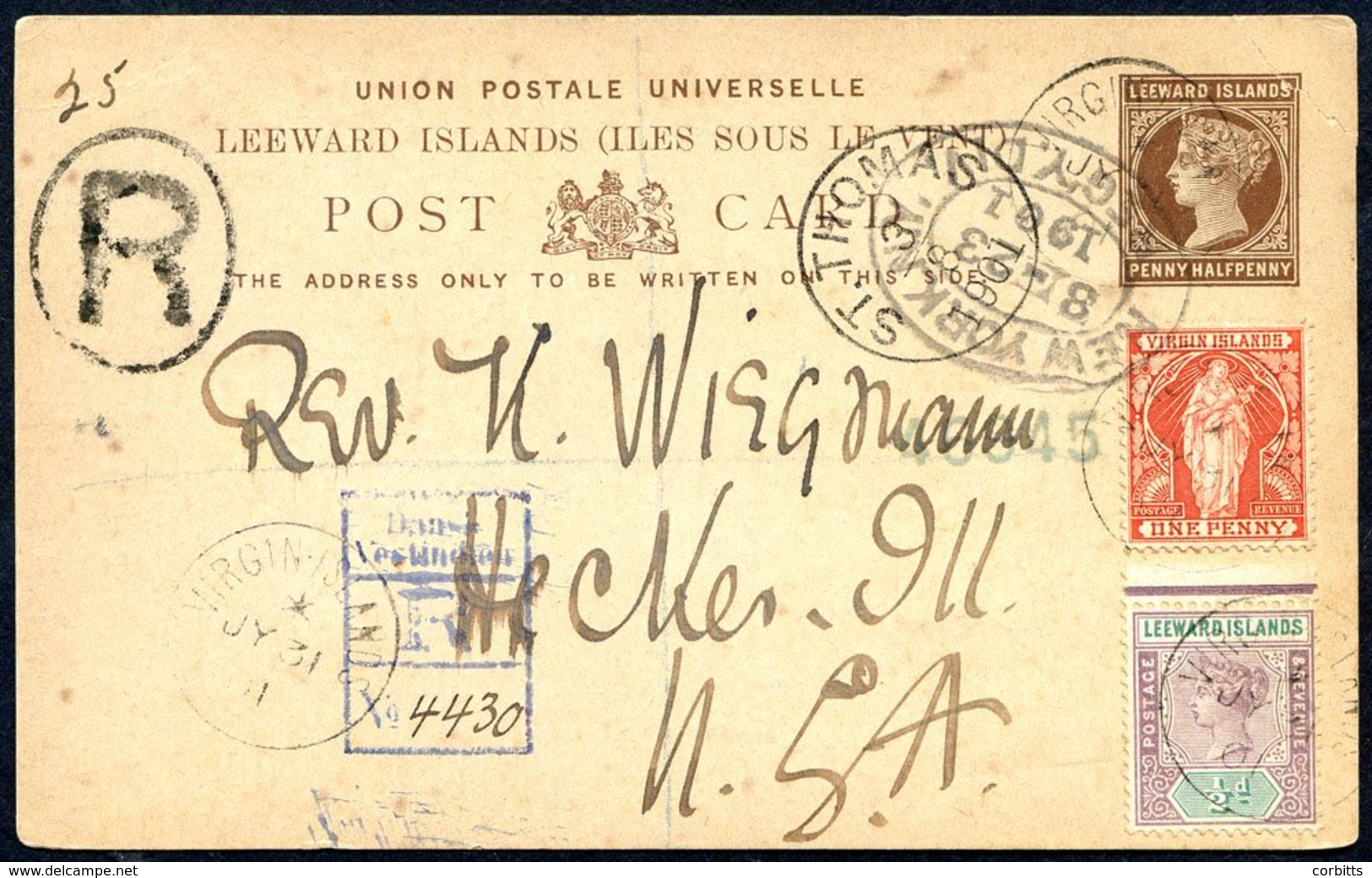 1901 July 31 ½d Brown On Buff Postal Stationery Card Registered To USA, Uprated By 'Virgin Is' ½d Dull Mauve & Green & 1 - Autres & Non Classés