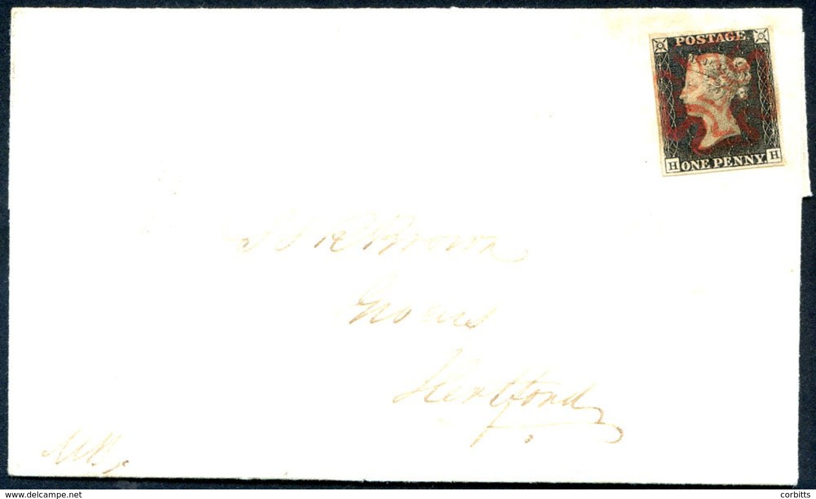 1840 July Cover From Denbury To Hertford Franked Pl.2 HH, Good To Large Margins Cancelled By A Centrally Struck Red MC. - Other & Unclassified