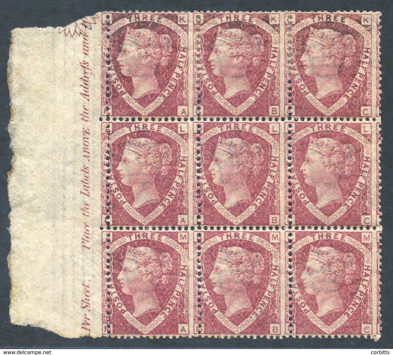 1870 1½d Lake Red P.3, Fresh M Left Side Marginal Block Of Nine KA/MC Showing Marginal Inscription 'Per Sheet. Place The - Other & Unclassified