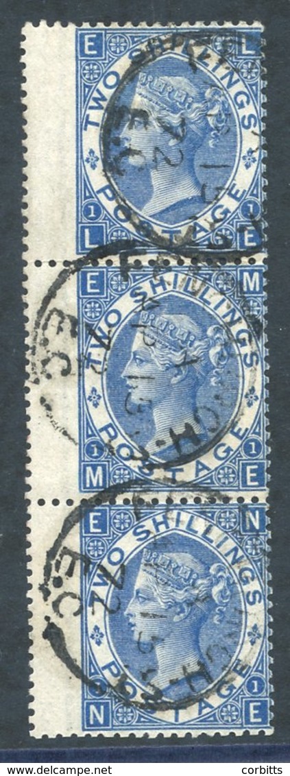 1867-80 2s Deep Blue LE/NE Wing Marginal Vertical Strip Of Three Each Cancelled By A Fenchurch St/Ap.15/72 Cds. SG.119. - Other & Unclassified