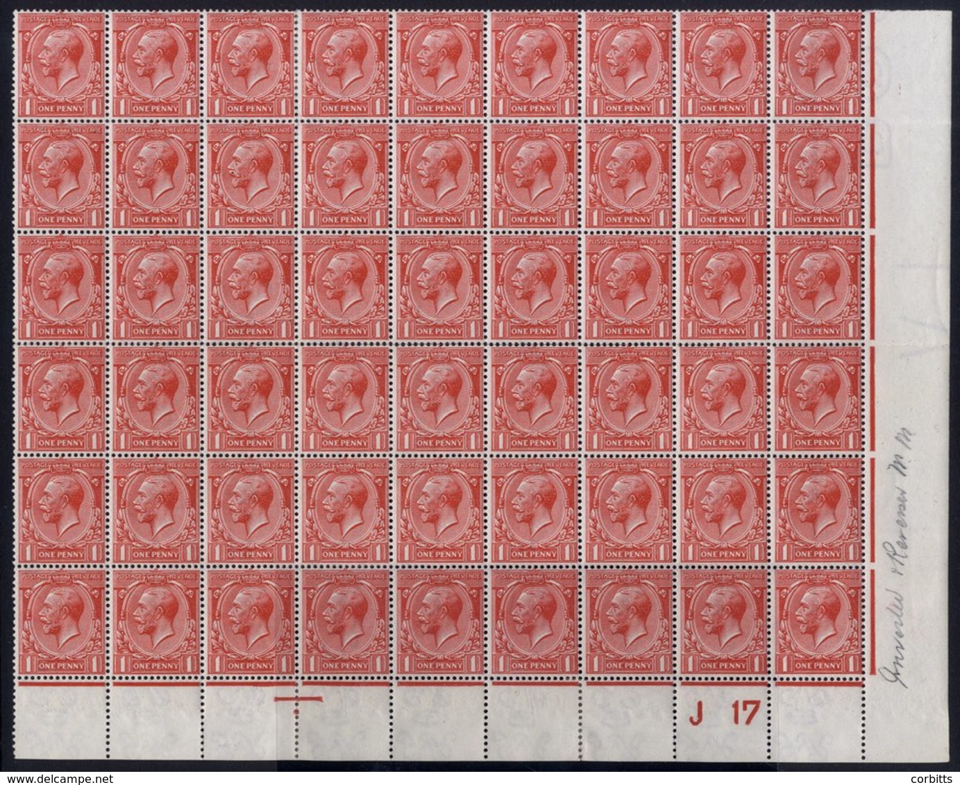 1912 Royal Cypher 1d Bright Scarlet Wmk Inverted & Reversed Superb UM (3 X Mounted) 'J 17' Control Block Of 54, (some Pe - Other & Unclassified